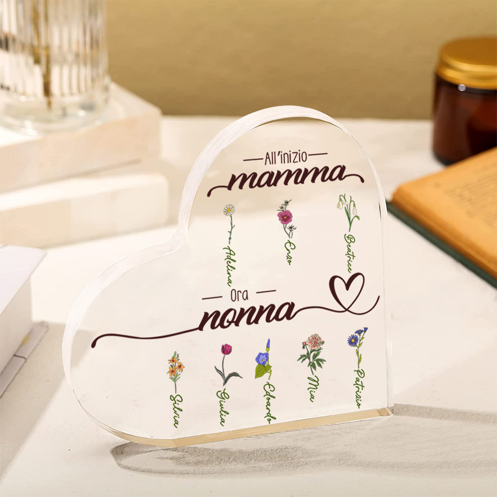 All'inizio mamma,ora nonna-Decorazione acrilica con fiore personalizzato a forma di cuore per mamma/nonna