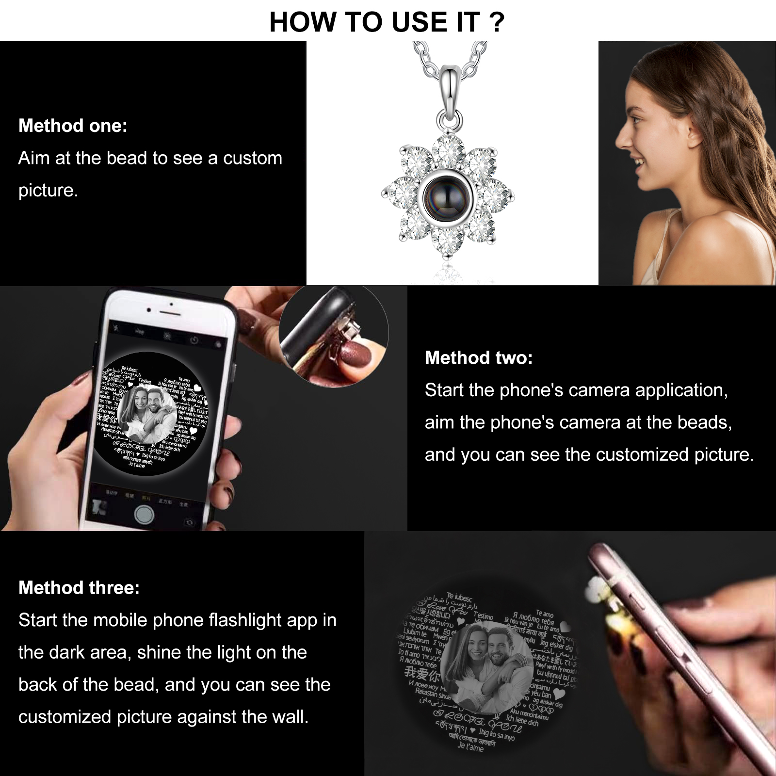 Collana girasole con proiezione di foto personalizzabile per donna