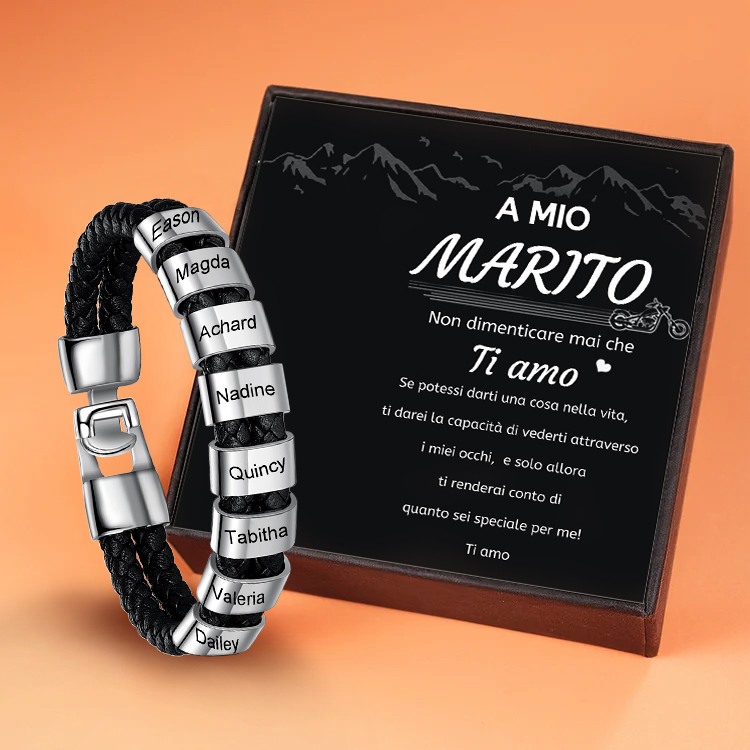 Braccialetto maschile in pelle con 8 nomi personalizzati