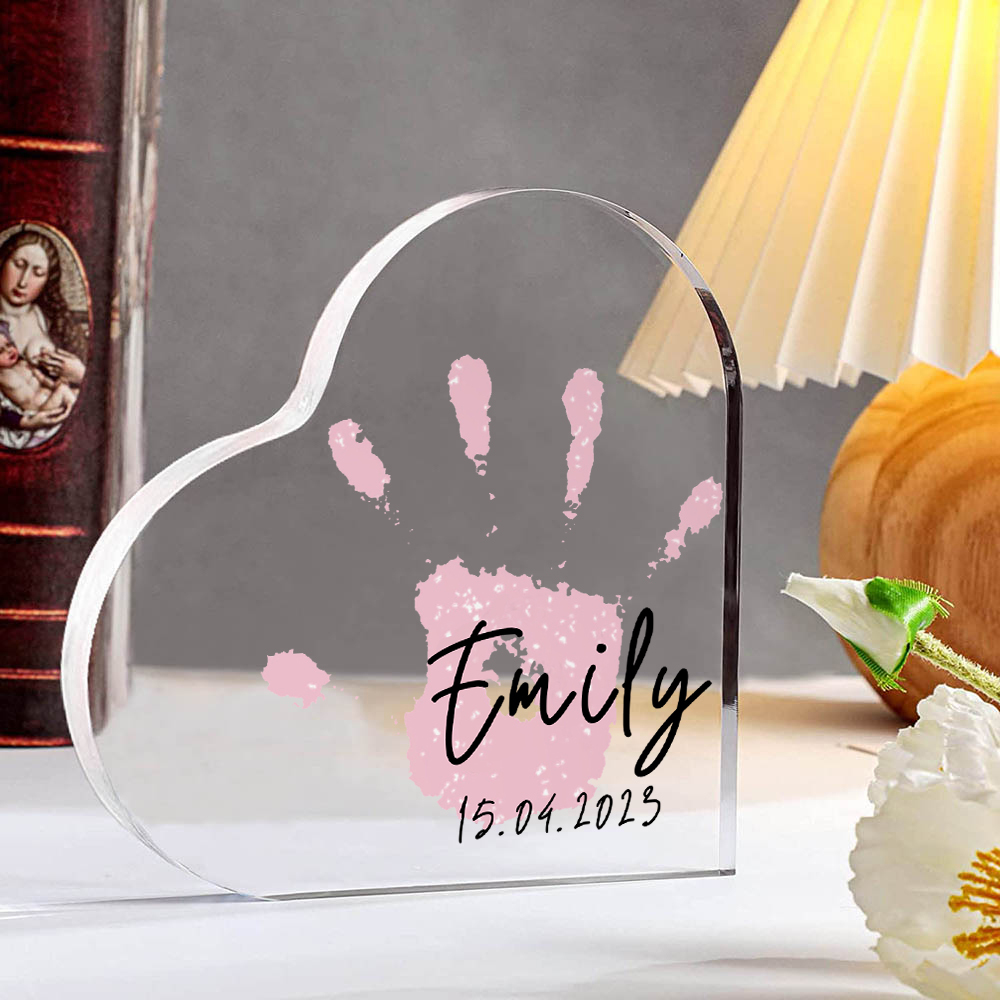 Decorazione acrilica impronta di mano a forma di cuore 1 nome e 1 data personalizzati