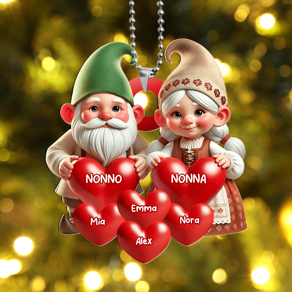 Decorazione per albero di Natale con cuori e nome personalizzati - Famiglia di gnomi