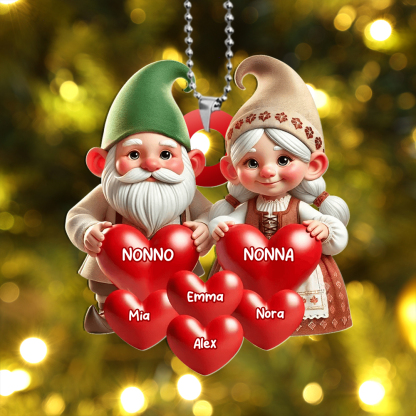 Decorazione per albero di Natale con cuori e nome personalizzati - Famiglia di gnomi