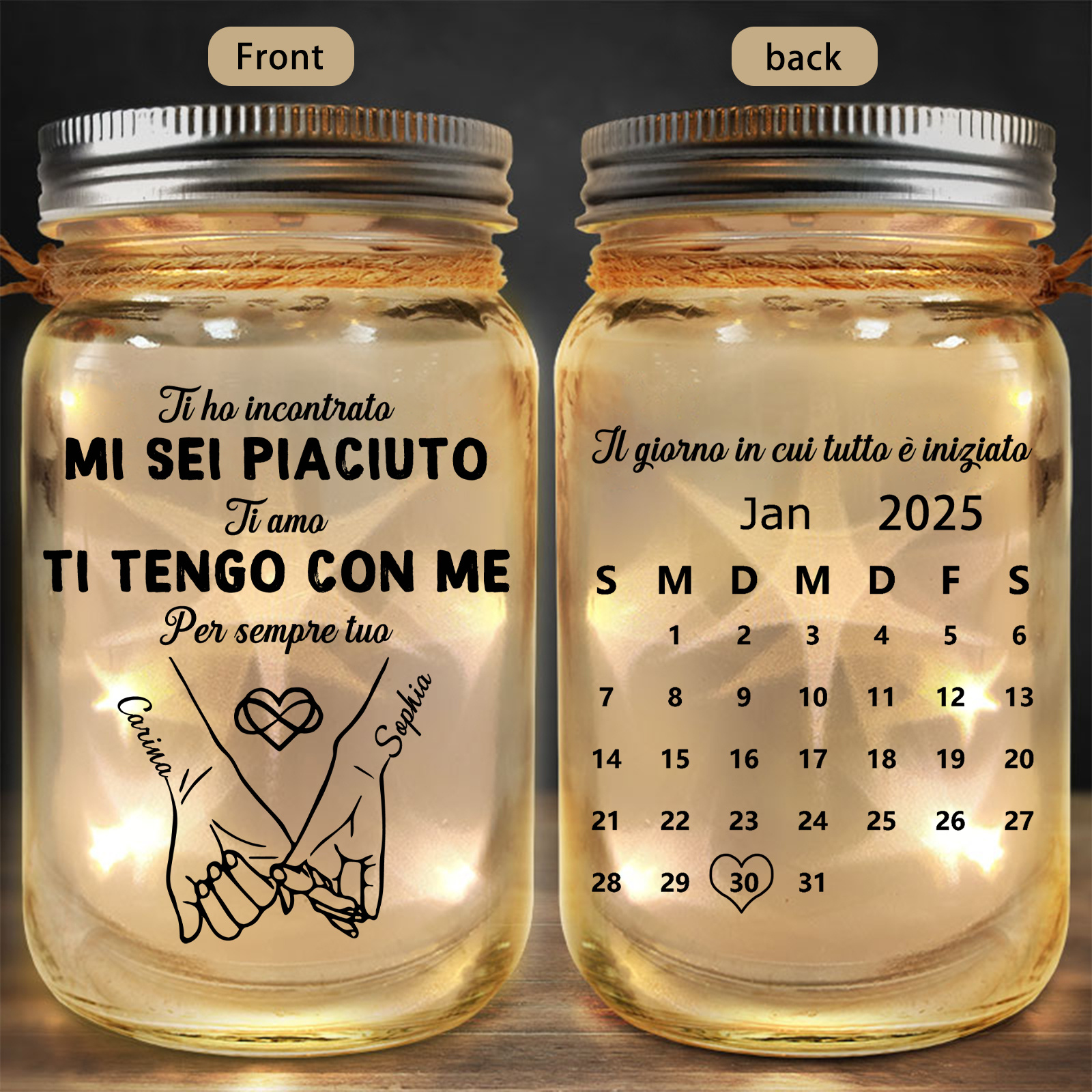 Barattolo di vetro con luci LED personalizzato - regalo romantico per coppia “promessa col mignolo”