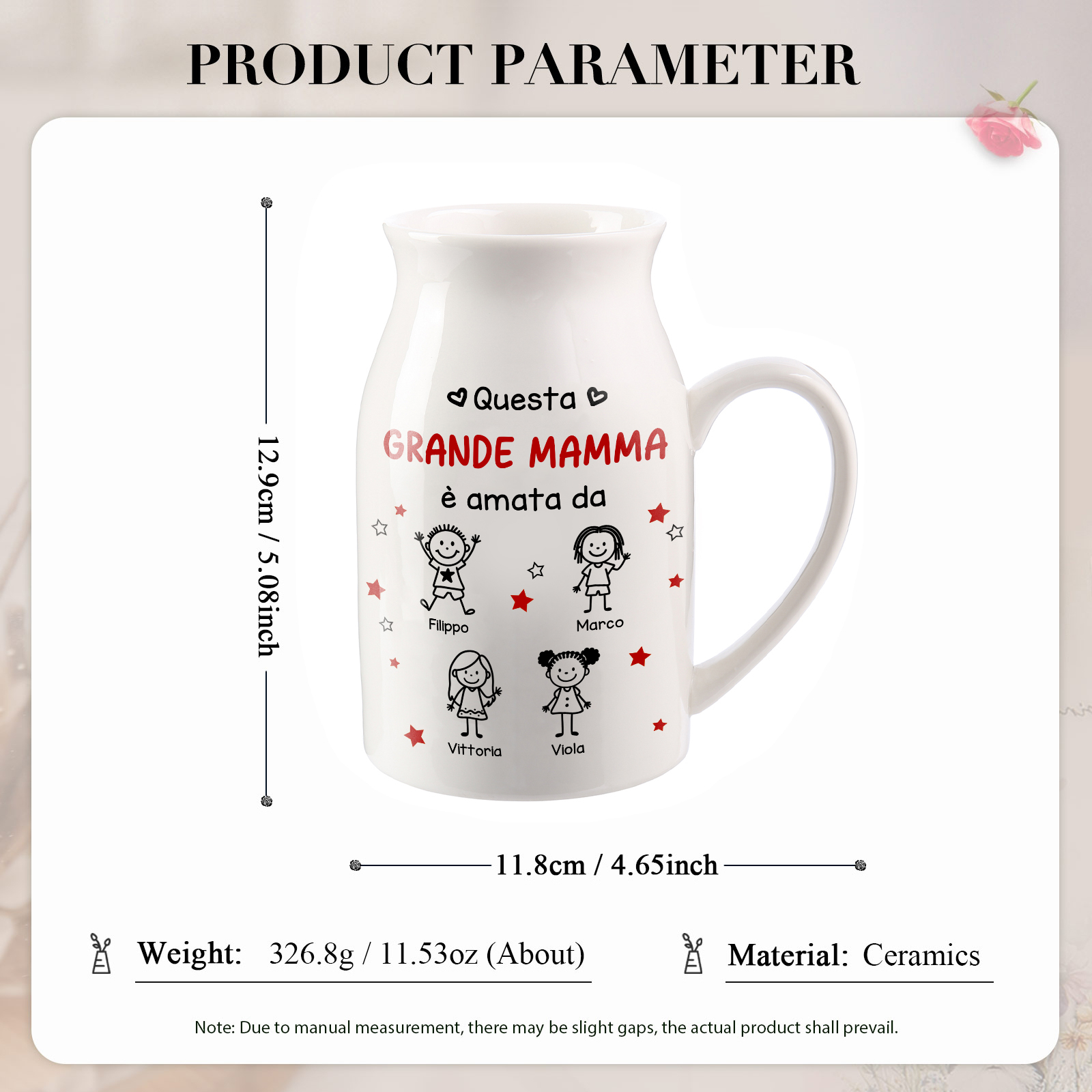 Vaso in ceramica personalizzato per nonna o mamma, con da 1 a 10 nomi e statuine di bambini personalizzate