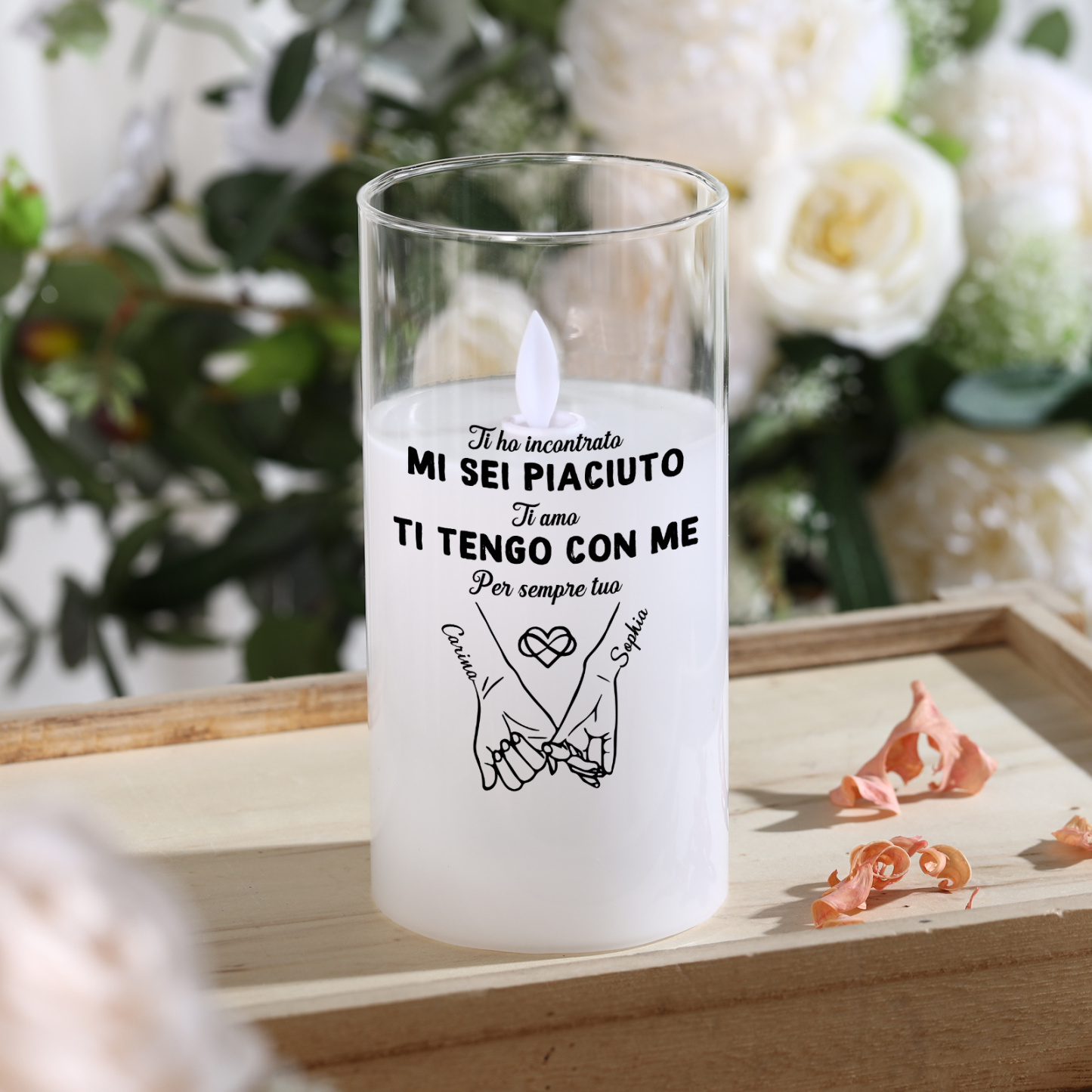 Candela LED Personalizzata con Nomi in Vetro – Regalo Romantico per Coppia