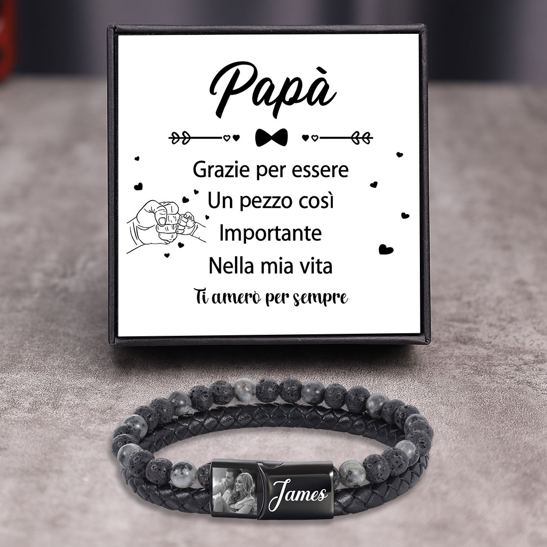 Bracciale personalizzato in lava e pelle con foto e testo a scelta per uomo
