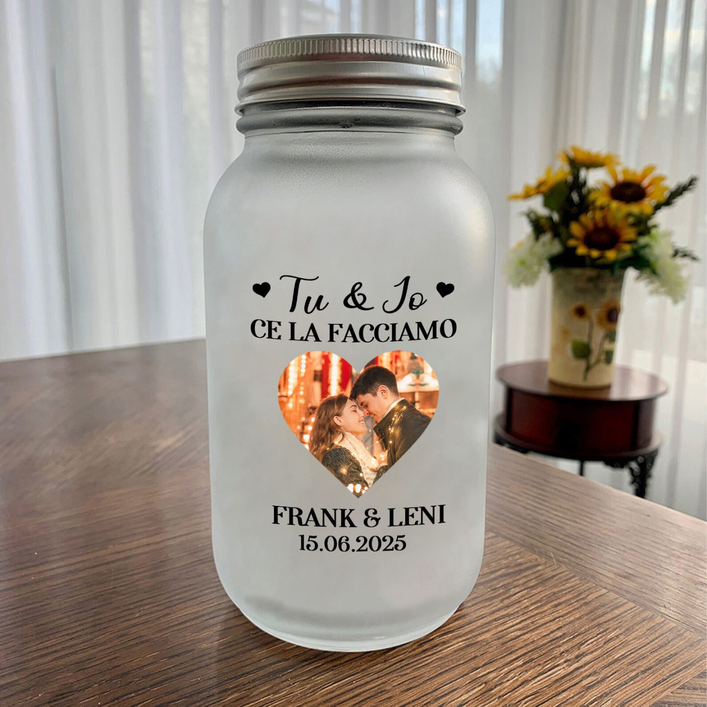Barattolo Luminoso con Foto e Messaggio d’Amore – Lampada Ricordo Personalizzata per Coppia