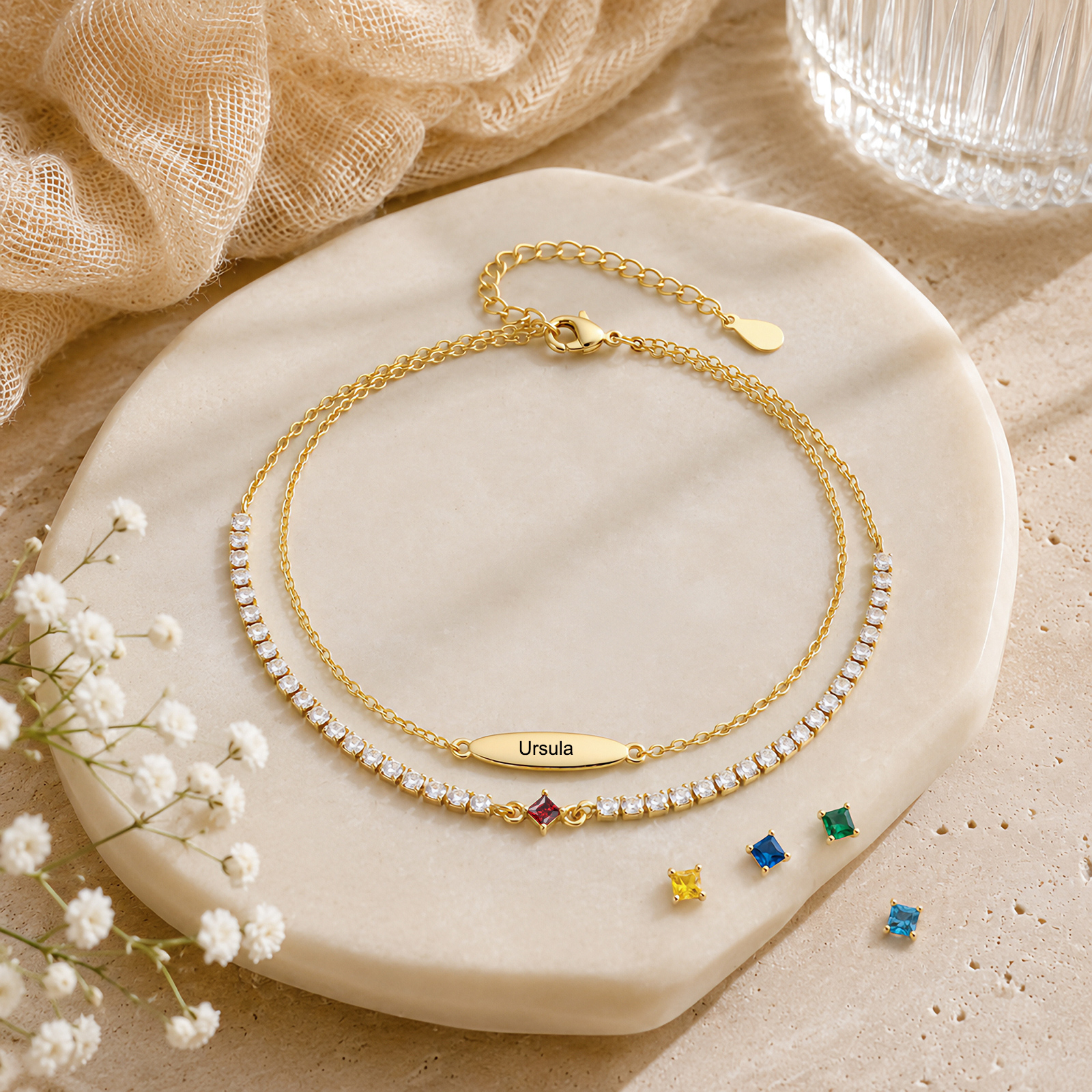 Cavigliera personalizzata con nome e da 1 a 5 pietre di nascita – gioiello dorato a più fili, regalo da donna