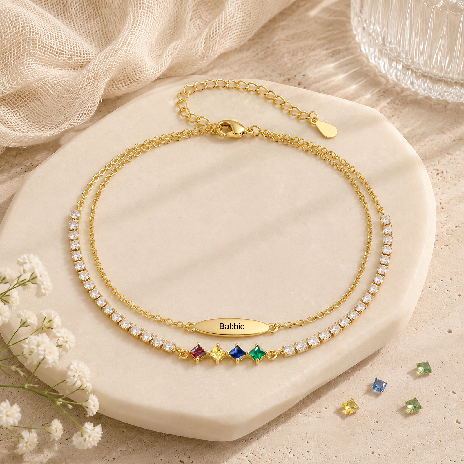Cavigliera personalizzata con nome e da 1 a 5 pietre di nascita – gioiello dorato a più fili, regalo da donna