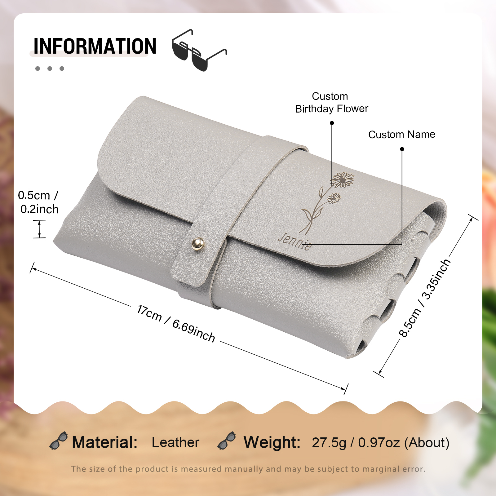 Personalized Glasses Case – Custom Name & Birth Flower, Available in Pink, Brown, Beige, and Blue | Jessemade