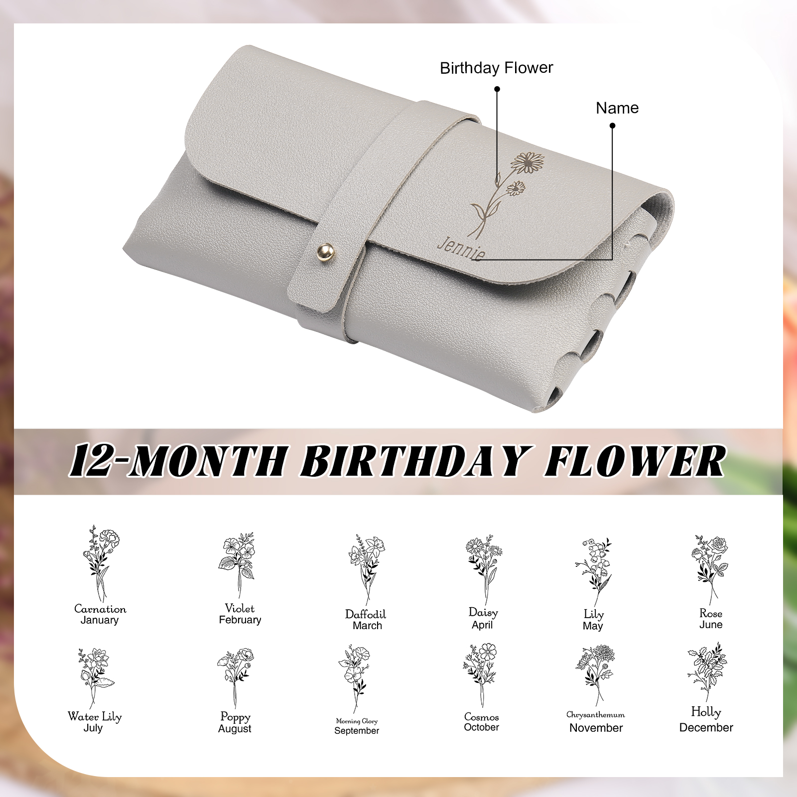 Personalized Glasses Case – Custom Name & Birth Flower, Available in Pink, Brown, Beige, and Blue | Jessemade