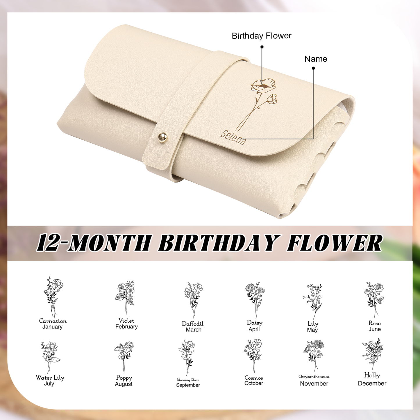 Personalized Glasses Case – Custom Name & Birth Flower, Available in Pink, Brown, Beige, and Blue | Jessemade