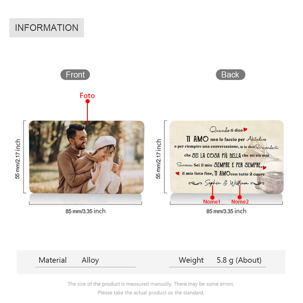 Carta Personalizzata per Portafoglio - Personalizzabile con 2 Nomi e 1 Foto, Disponibile in Versione Monofacciale o Bifacciale, Regalo di San Valentino per Lui | Jessemade