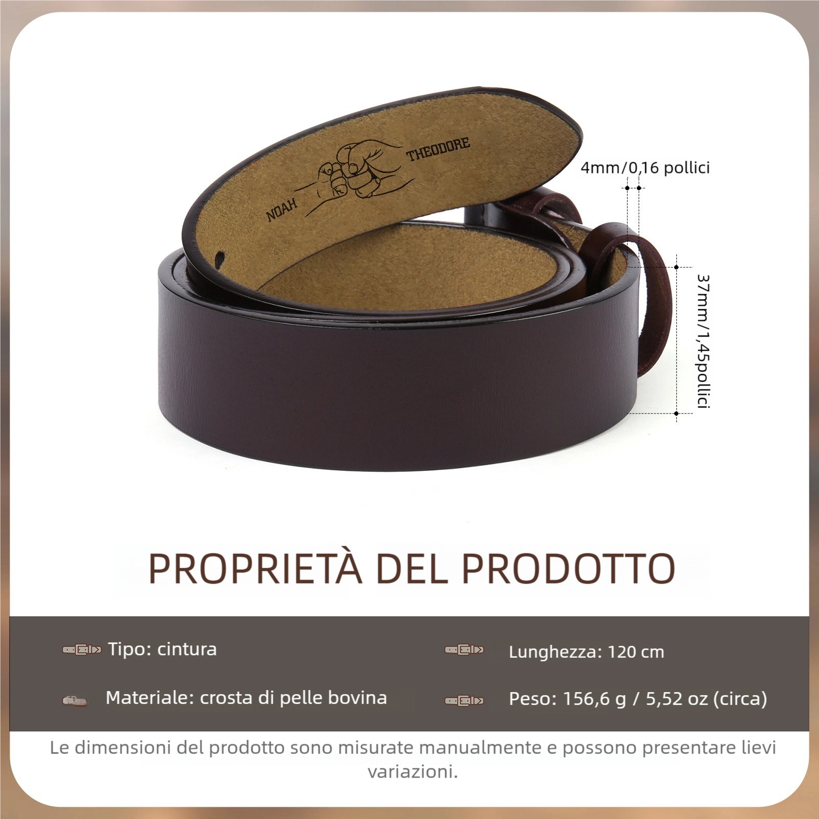 Cintura in Pelle Personalizzata – Incisione con 3 Nomi e 1 Lettera – Elegante Regalo per Papà | Jessemade