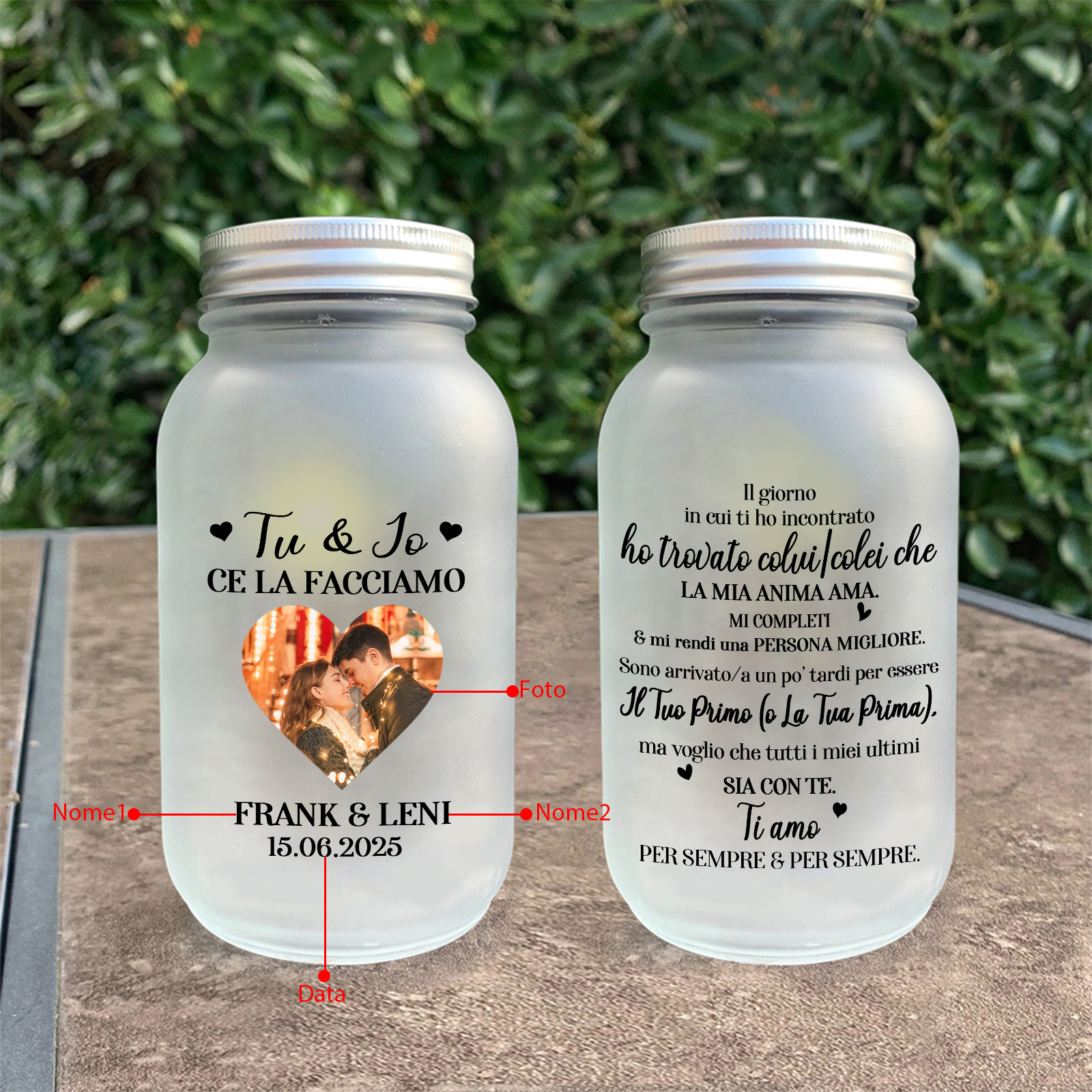 Barattolo Luminoso con Foto e Messaggio d’Amore – Lampada Ricordo Personalizzata per Coppia