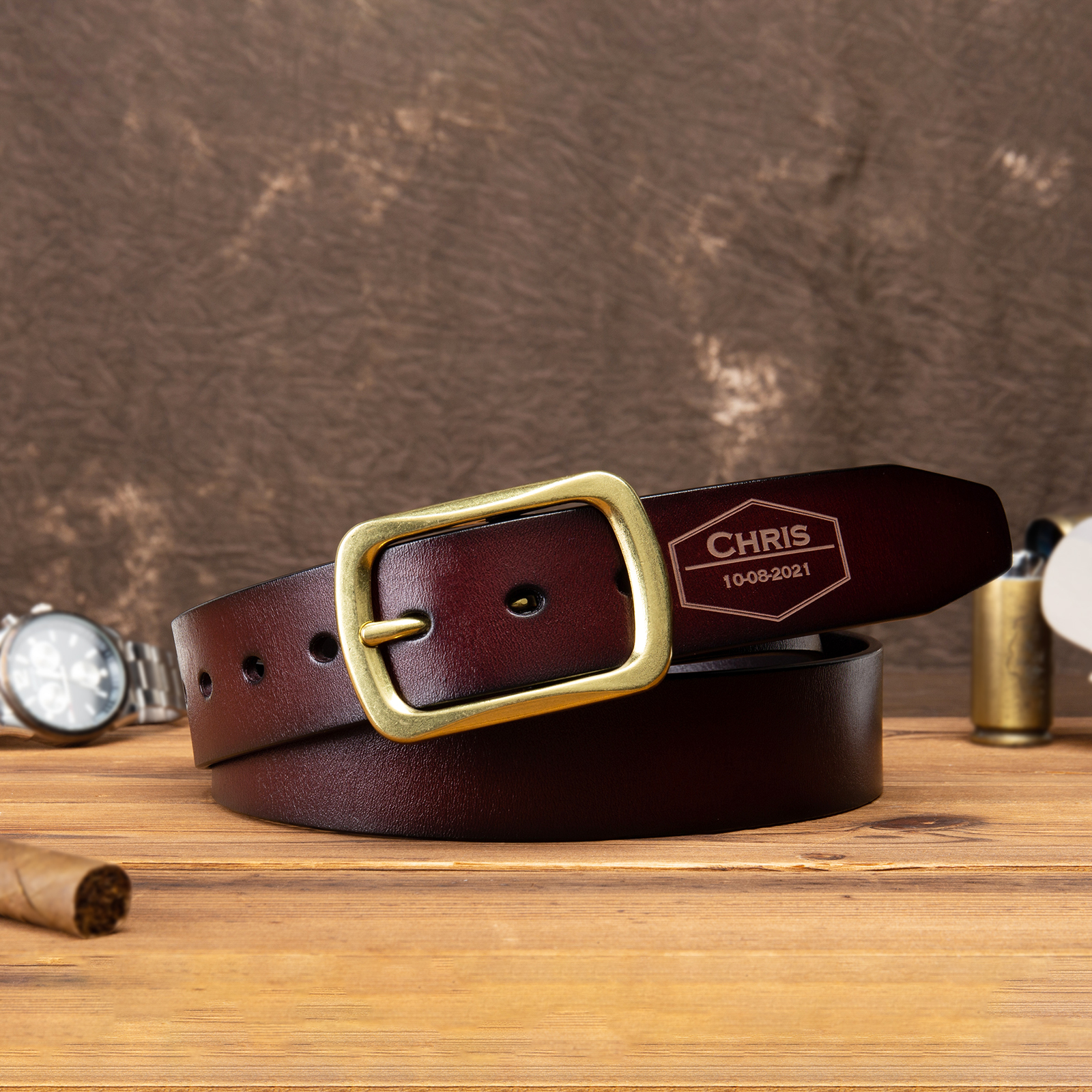 Cinture Personalizzate da Uomo con Nome e Data - Pelle PU Marrone - Regalo per la Festa del Papà | Jessemade