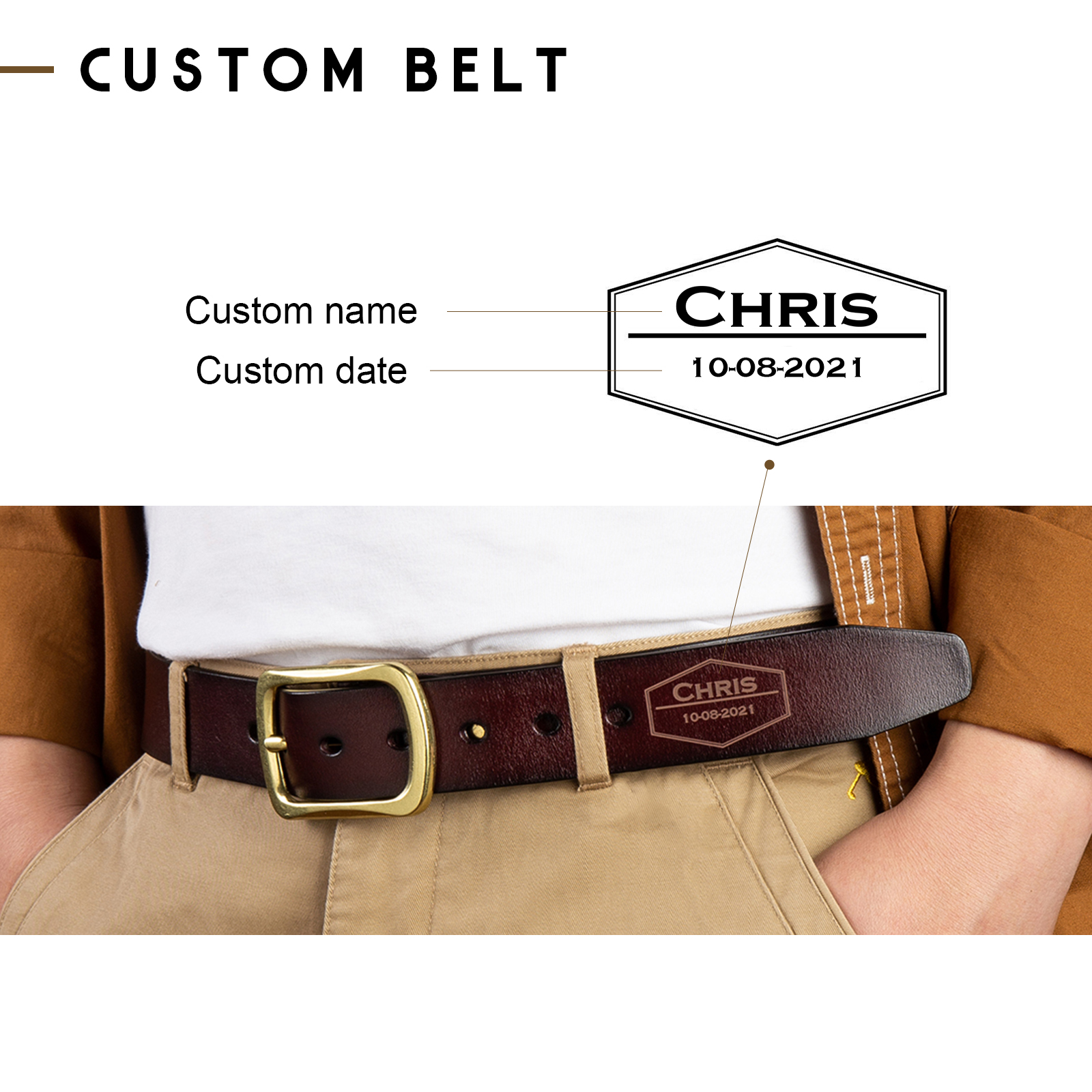 Cinture Personalizzate da Uomo con Nome e Data - Pelle PU Marrone - Regalo per la Festa del Papà | Jessemade