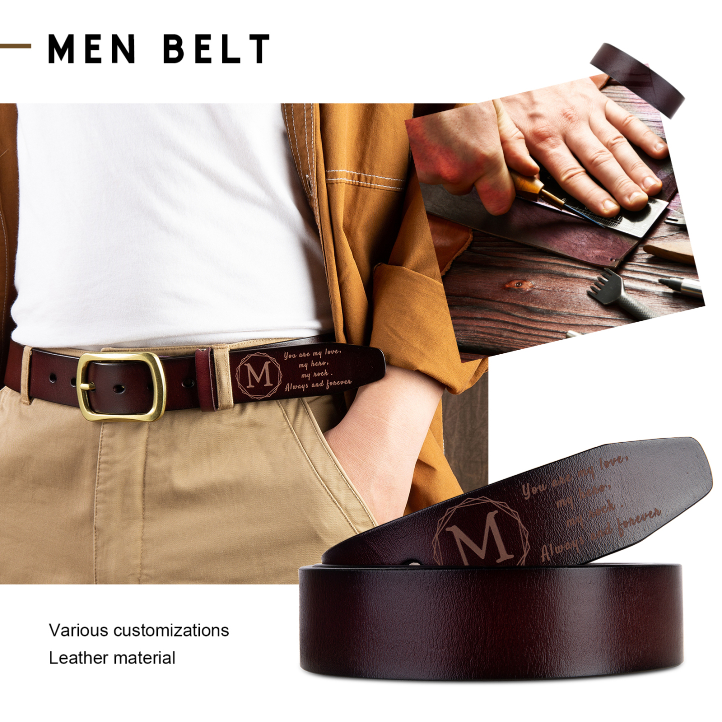 Cinture Personalizzate da Uomo con 1 Lettera e Testo - Pelle PU Marrone - Regalo per la Festa del Papà | Jessemade