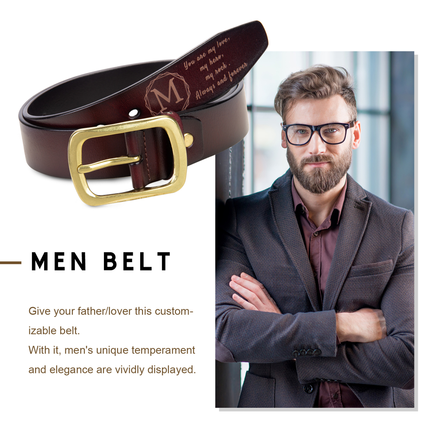 Cinture Personalizzate da Uomo con 1 Lettera e Testo - Pelle PU Marrone - Regalo per la Festa del Papà | Jessemade
