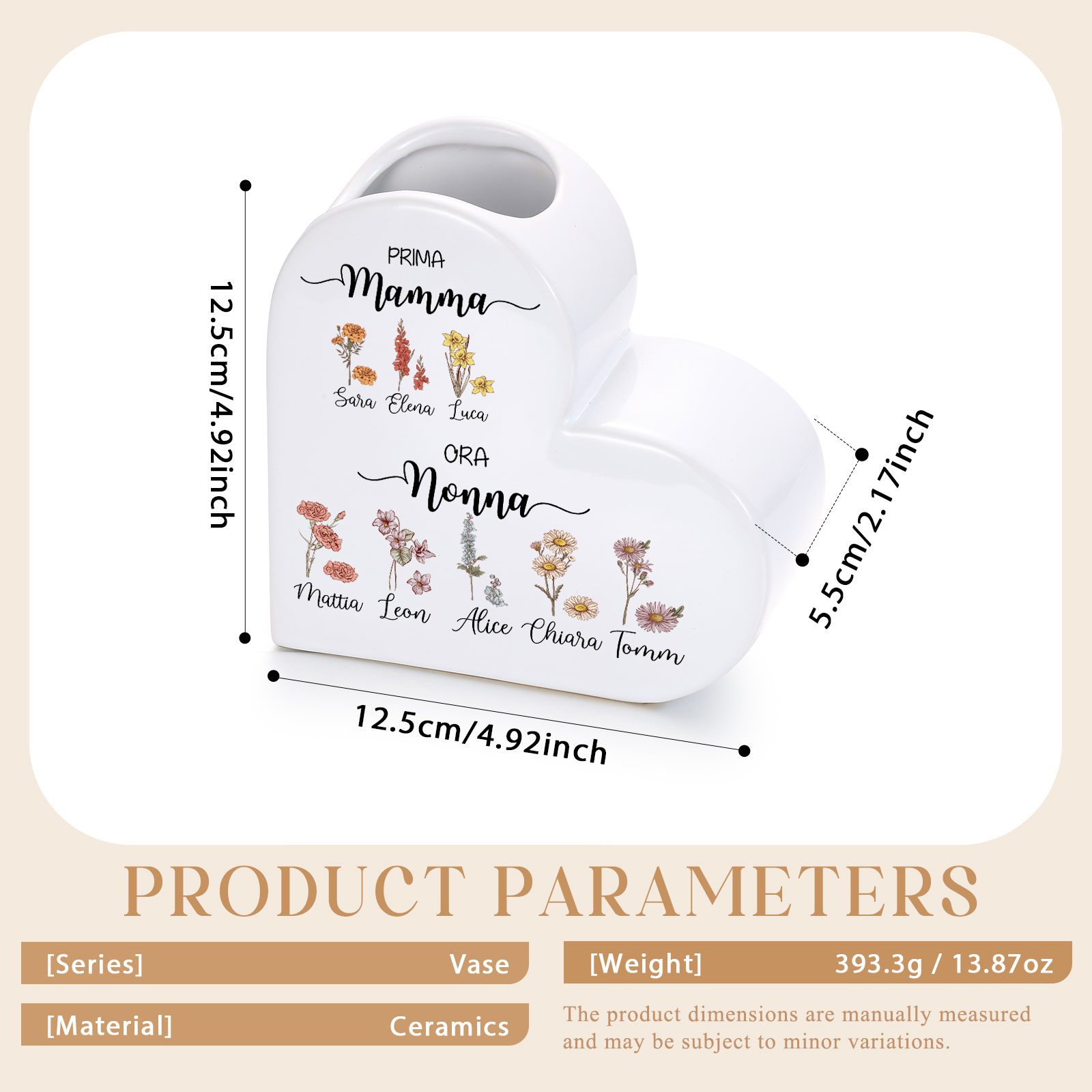 Vaso Cuore in Ceramica Personalizzato con 2–10 Nomi e Fiori di Nascita, regalo per la Festa della Mamma per Nonna e Mamma