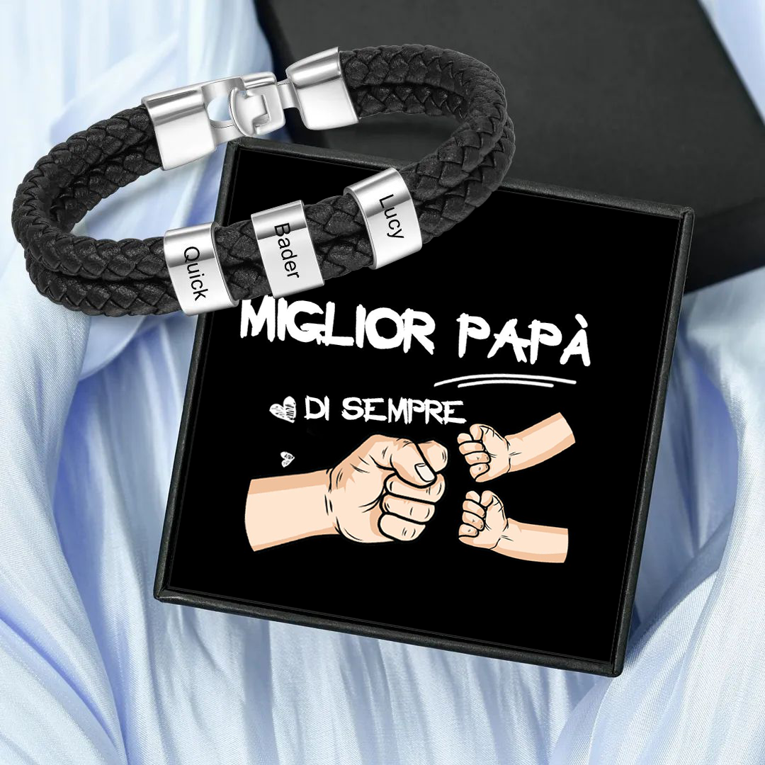 A MIO PAPÀ-Braccialetto di pelle intrecciatta con 3 nomi personalizzati di perline regalo per la festa del papà | Jessemade