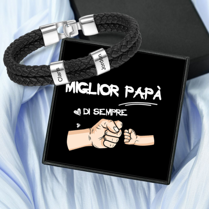 A MIO PAPÀ-Braccialetto di pelle intrecciatta con 2 nomi personalizzati di perline regalo per la festa del papà