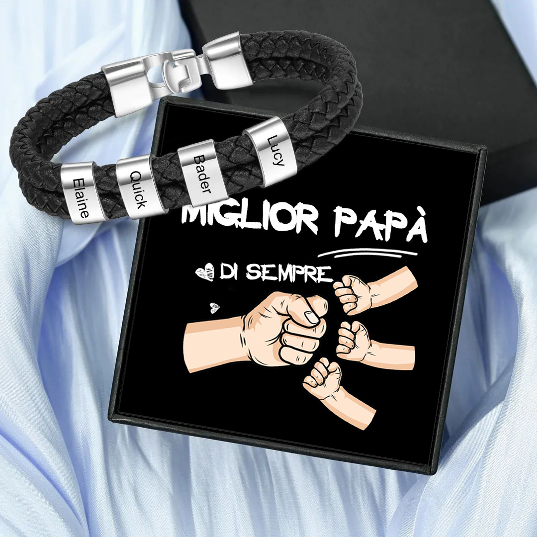 A MIO PAPÀ-Braccialetto di pelle intrecciatta con 4 nomi personalizzati di perline regalo per la festa del papà | Jessemade