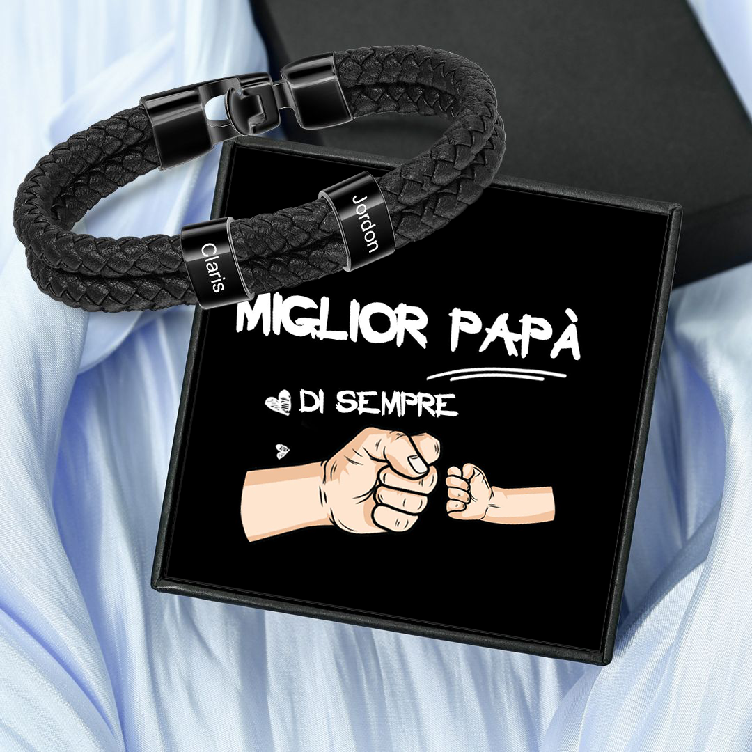 A MIO PAPÀ-Braccialetto di pelle intrecciatta con 2 nomi personalizzati di perline regalo per la festa del papà