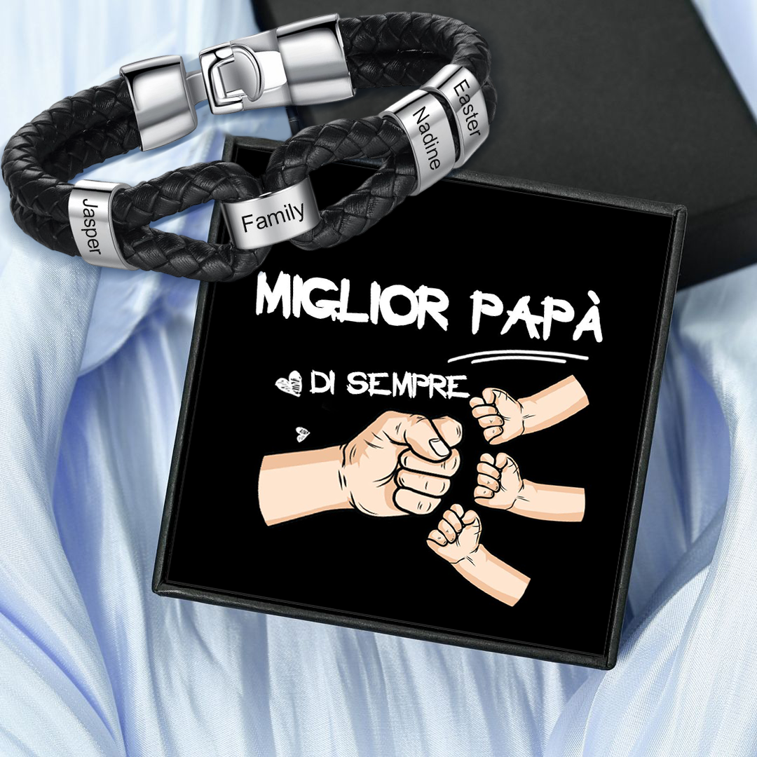 Bracciale in Pelle Personalizzato – Incisione 4 Nomi – Regalo Speciale per Papà | Jessemade