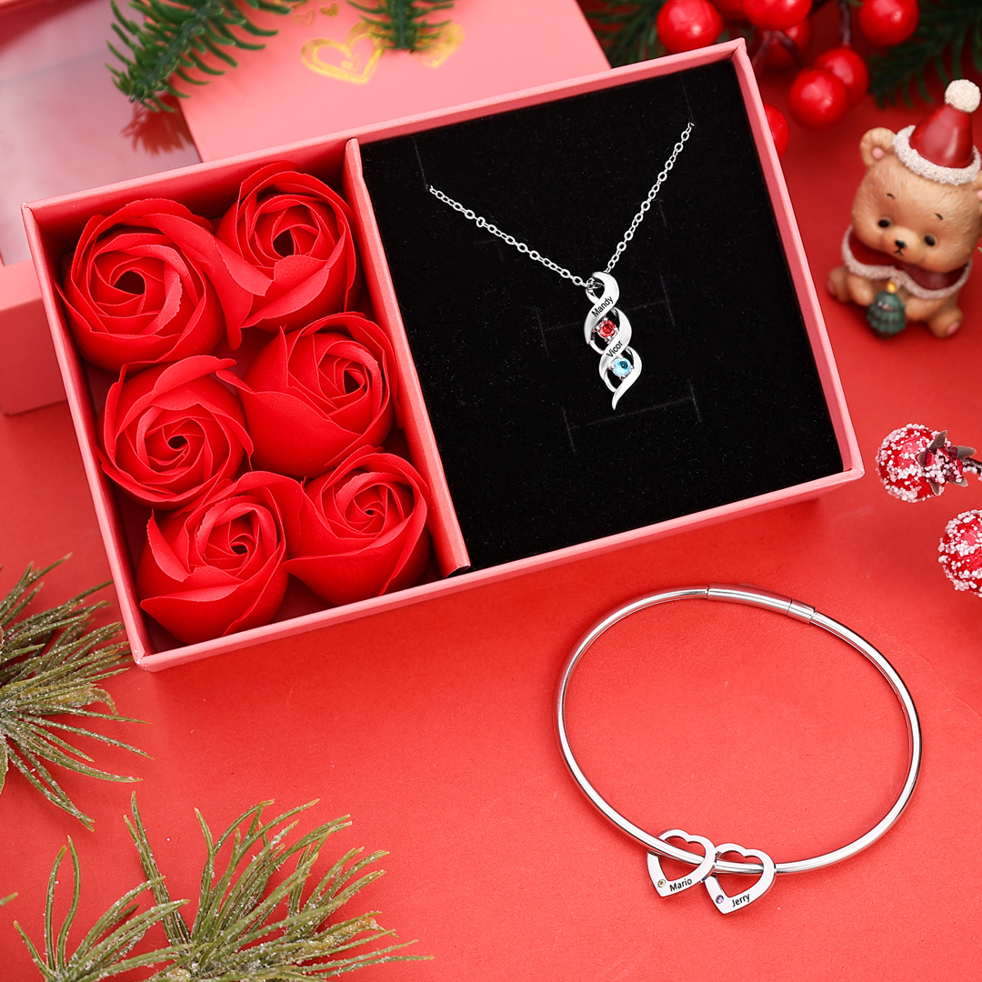 Personalized Heart Bracelet & Necklace Set With 2 Birthstones Engraved