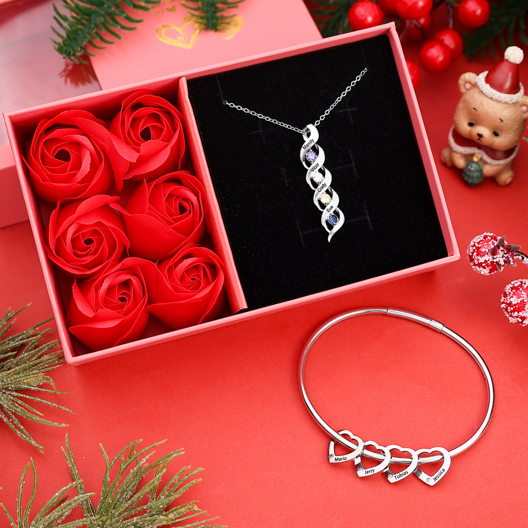 Set Bracciale e Collana a Cuore Personalizzato - Con 4 Pietre di Nasci