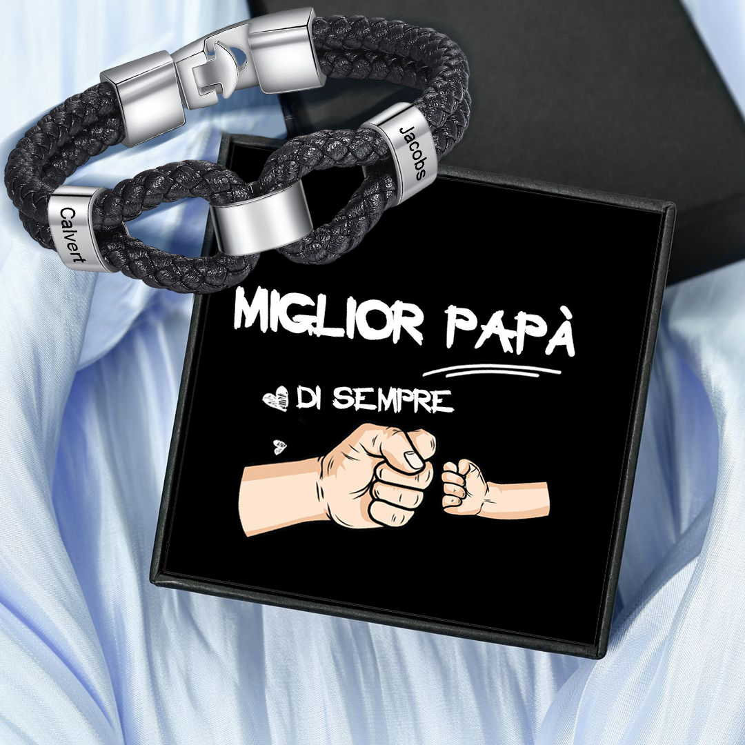 Bracciale in Pelle da Uomo Personalizzato con 2 Nomi – Regalo Speciale con Carta Pugno per la Festa del Papà | Jessemade