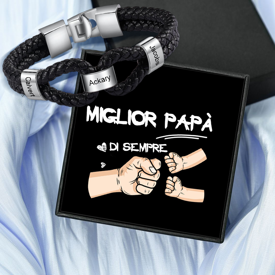Bracciale in Pelle da Uomo Personalizzato con 3 Nomi – Regalo Speciale con Carta Pugno per la Festa del Papà | Jessemade