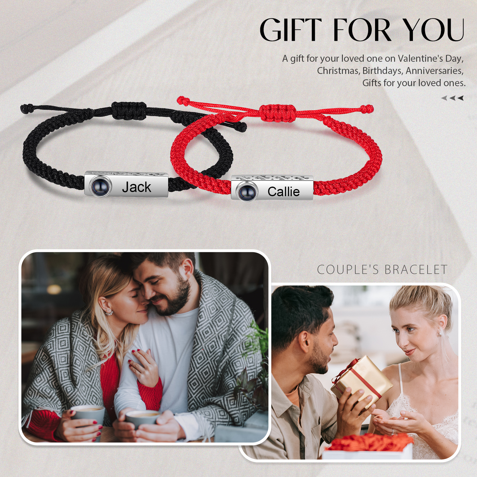 Personalised Couple Projection Stone Bracelet - Customized with 2 Photos & 2 Names, Valentine’s Day Gift for Him/Her | Jessemade