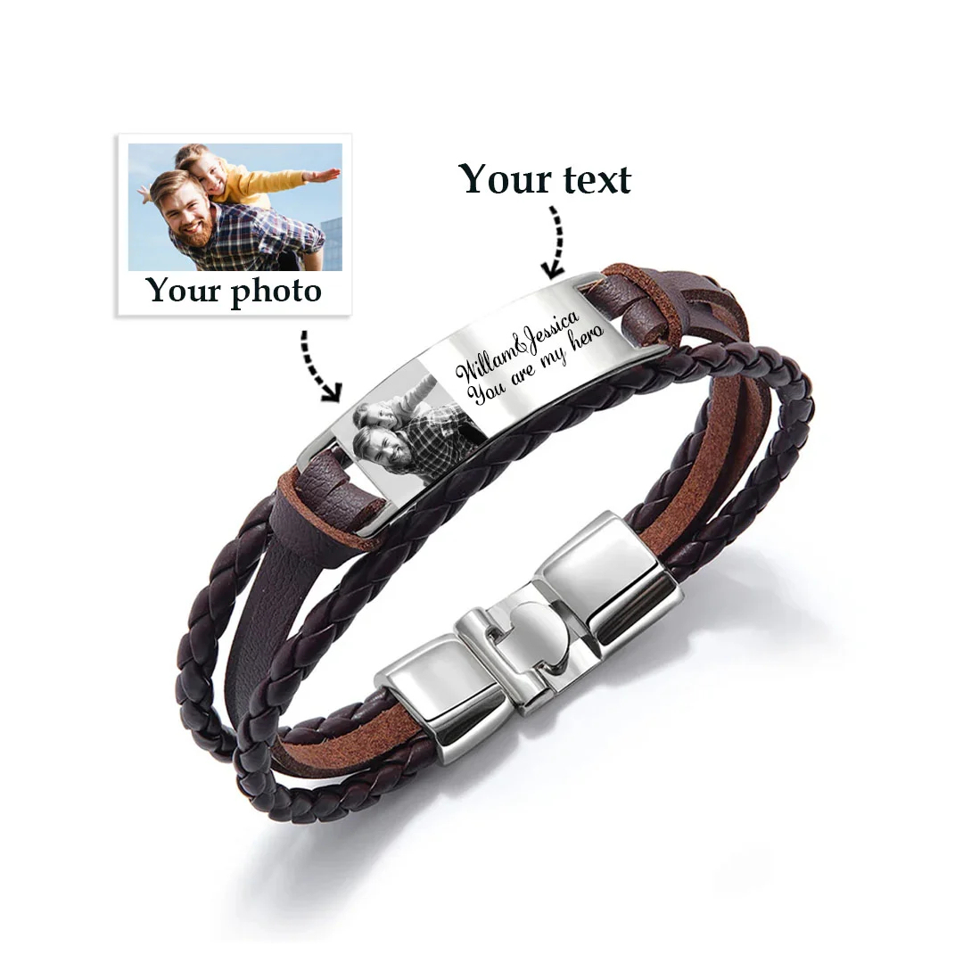 Braccialetto in pelle intrecciata personalizzato con 1 testo e 1 foto Braccialetto maschile