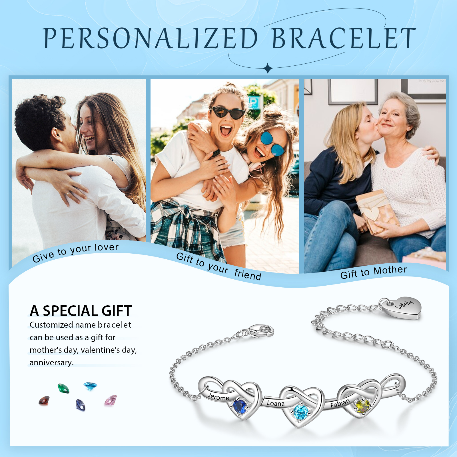 Personalised Women’s Birthstone Bracelet – Customised with 3 Names, 3 Birthstones & Engraved Text, Heart & Infinity Design – Valentine’s Day Gift for Her | Jessemade