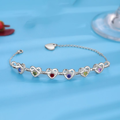 [Copy]Personalised Women’s Birthstone Bracelet – Customised with 6 Names, 6 Birthstones & Engraved Text, Heart & Infinity Design – Special Gift for Her | Jessemade