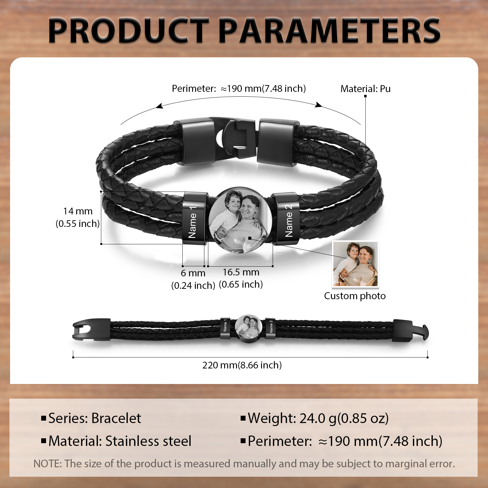 Caro Nonno-Braccialetto pelle da uomo con 2 nomi e 1 foto personalizzato regalo per nonno con carta
