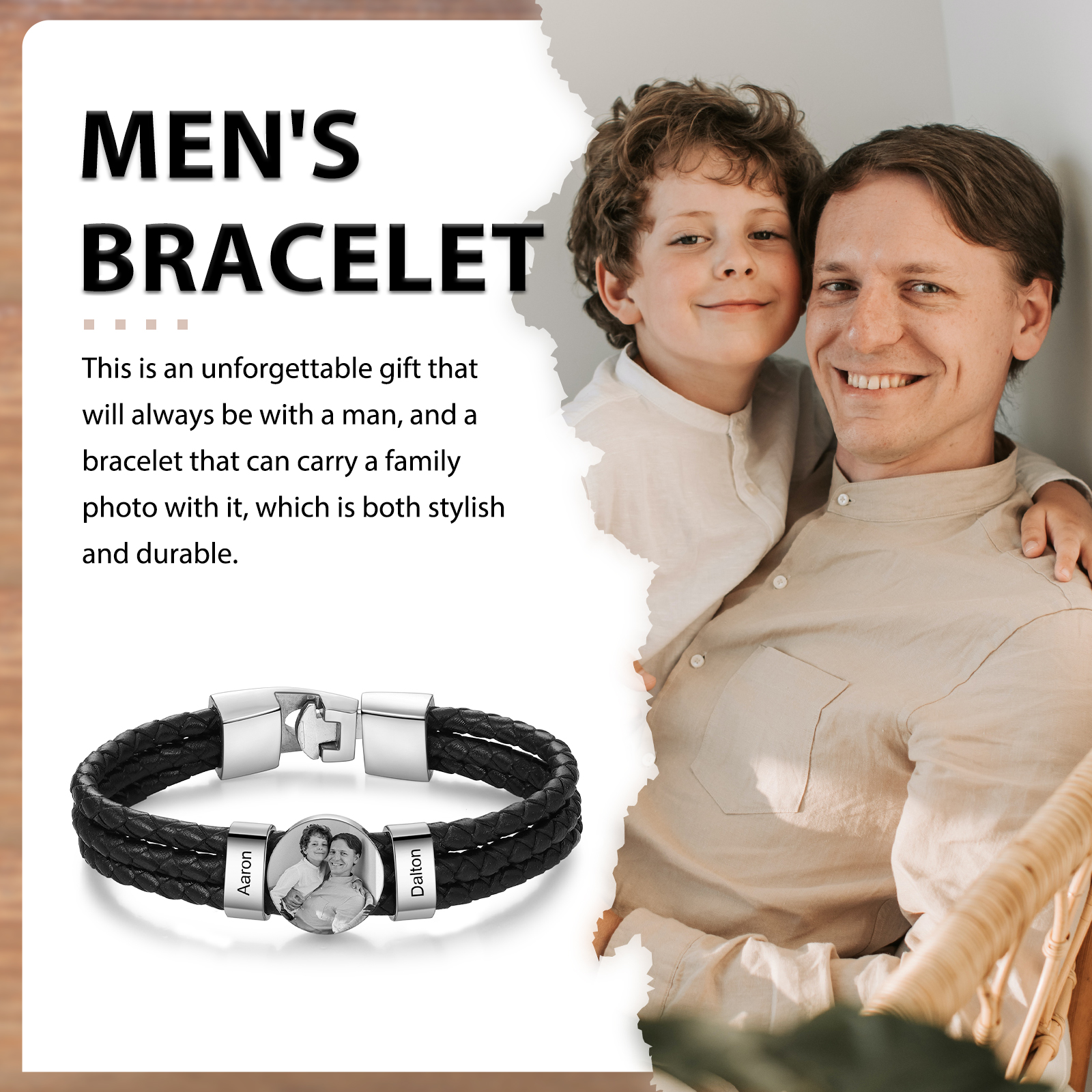 Caro Nonno-Braccialetto pelle da uomo con 2 nomi e 1 foto personalizzato regalo per nonno con carta