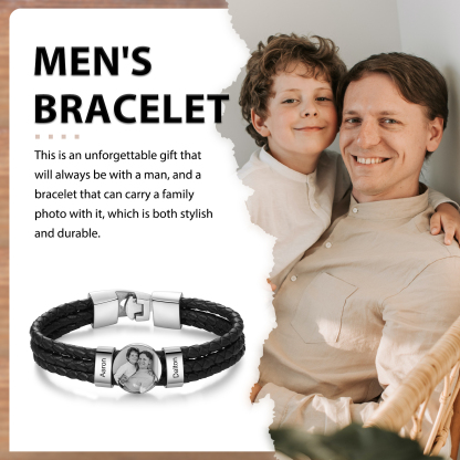 Caro Nonno-Braccialetto pelle da uomo con 2 nomi e 1 foto personalizzato regalo per nonno con carta