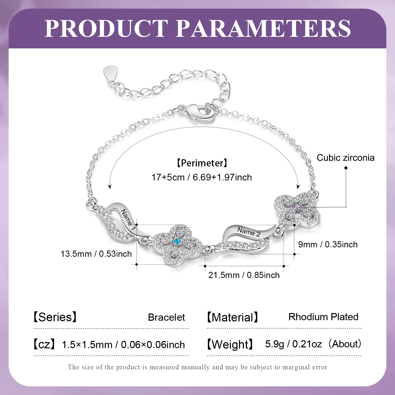 Braccialetto quadrifoglio personalizzato con 2 pietre di nascita e 2 nomi personalizzati regalo per donna