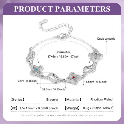 Braccialetto quadrifoglio personalizzato con 3 pietre di nascita e 3 nomi personalizzati regalo per donna