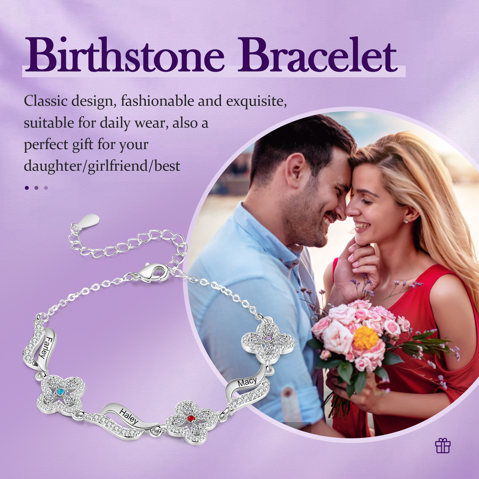 Braccialetto quadrifoglio personalizzato con 3 pietre di nascita e 3 nomi personalizzati regalo per donna