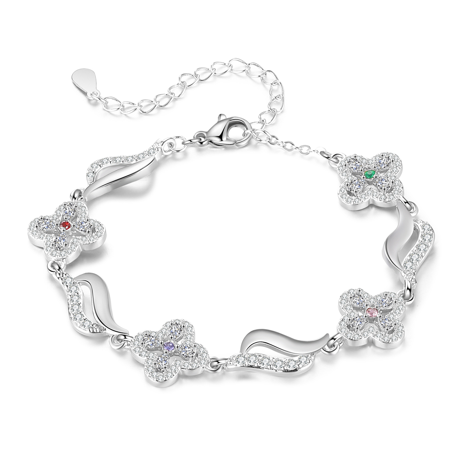 Braccialetto quadrifoglio personalizzato con 4 pietre di nascita e 4 nomi personalizzati regalo per donna