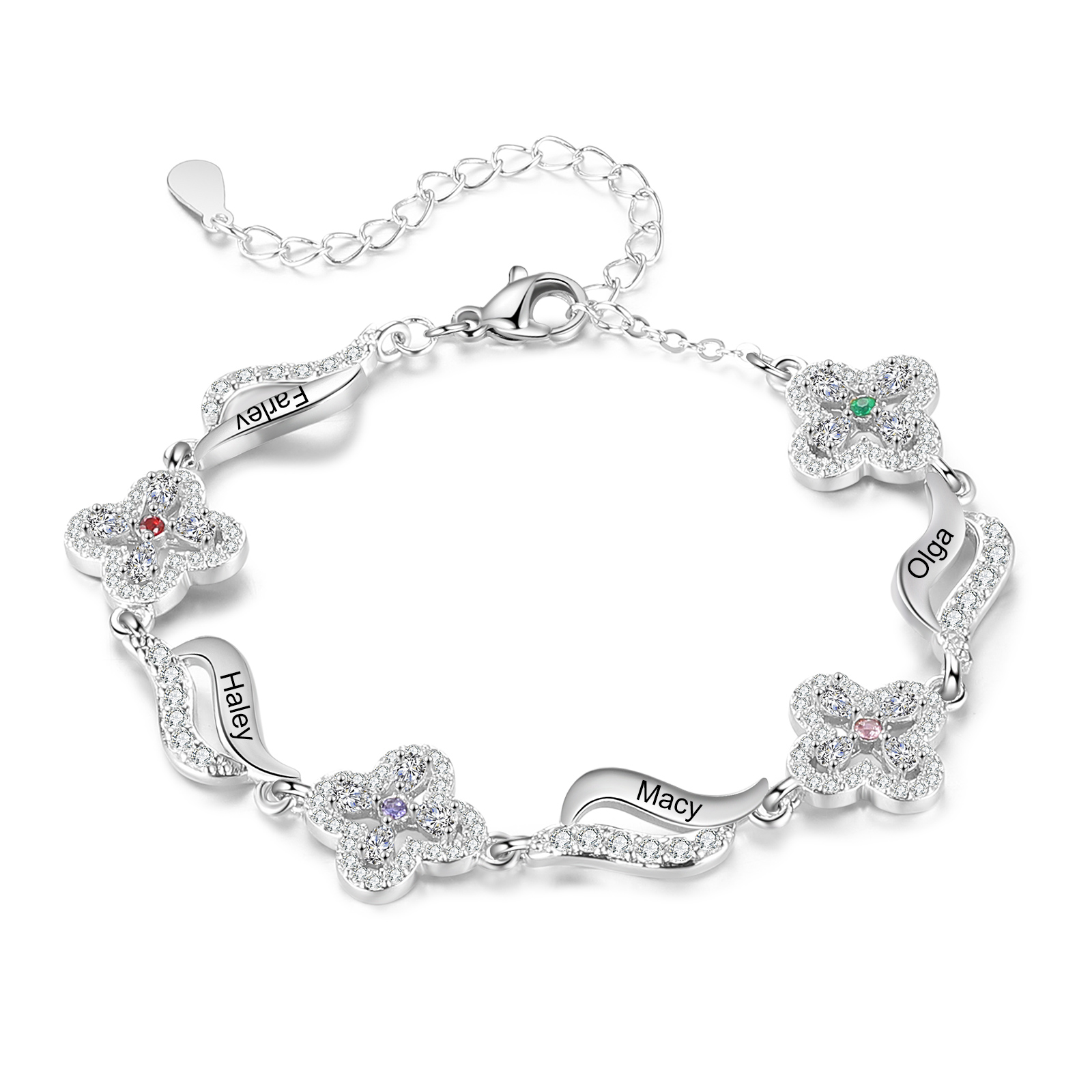 Braccialetto quadrifoglio personalizzato con 4 pietre di nascita e 4 nomi personalizzati regalo per donna