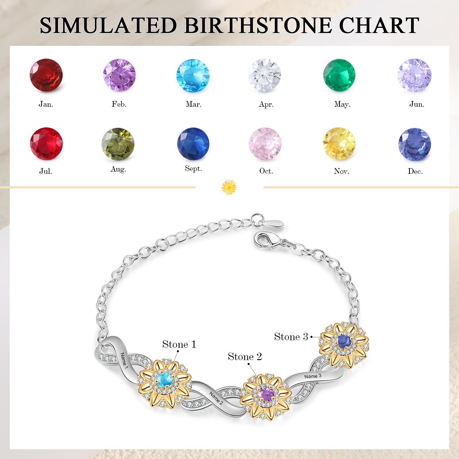 Braccialetto Fiore🏵 personalizzato con 3 nomi e 3 pietre di nascita regalo per donna