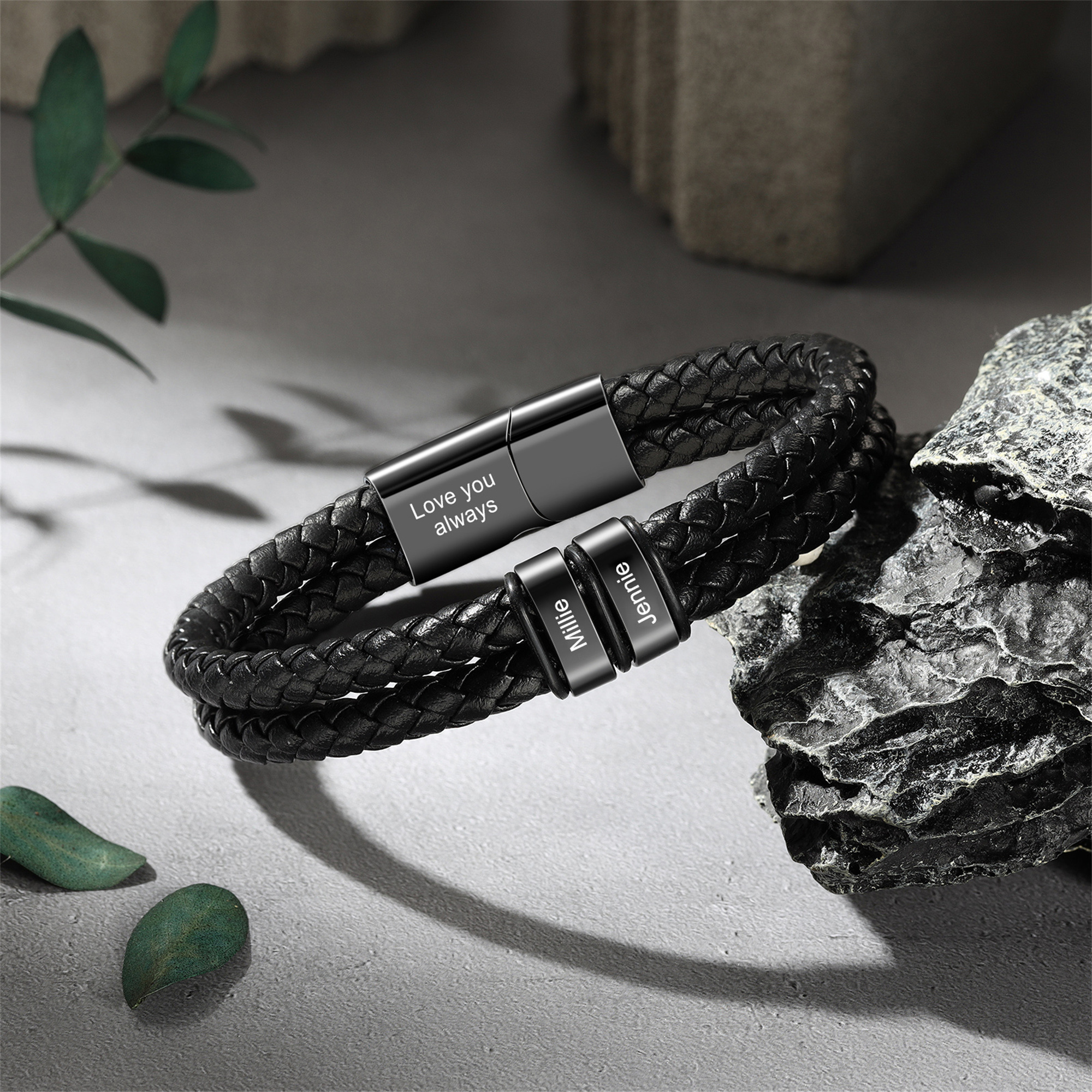 Bracciale da Uomo in Pelle Personalizzato con 2 Nomi – Regalo Speciale per Papà | Jessemade