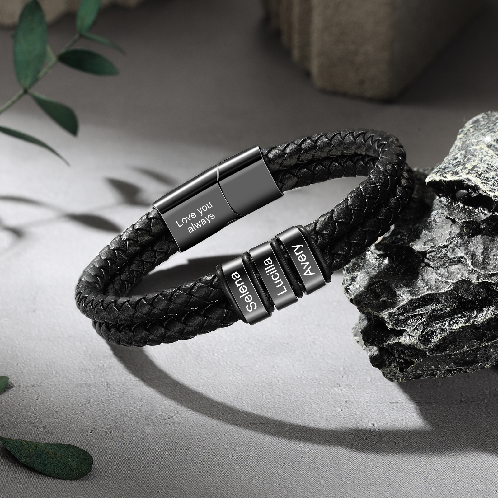Bracciale da Uomo in Pelle Personalizzato con 3 Nomi – Regalo Speciale per Papà | Jessemade