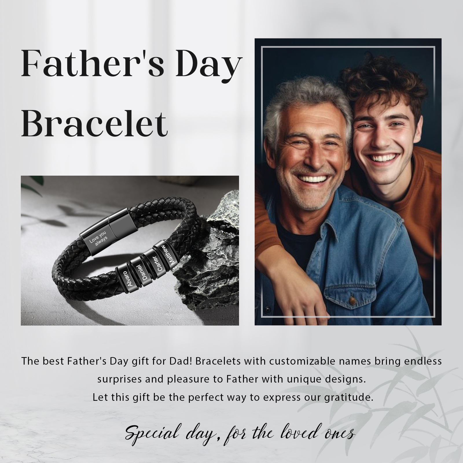 Bracciale da Uomo in Pelle Personalizzato con 4 Nomi – Regalo Speciale per Papà | Jessemade