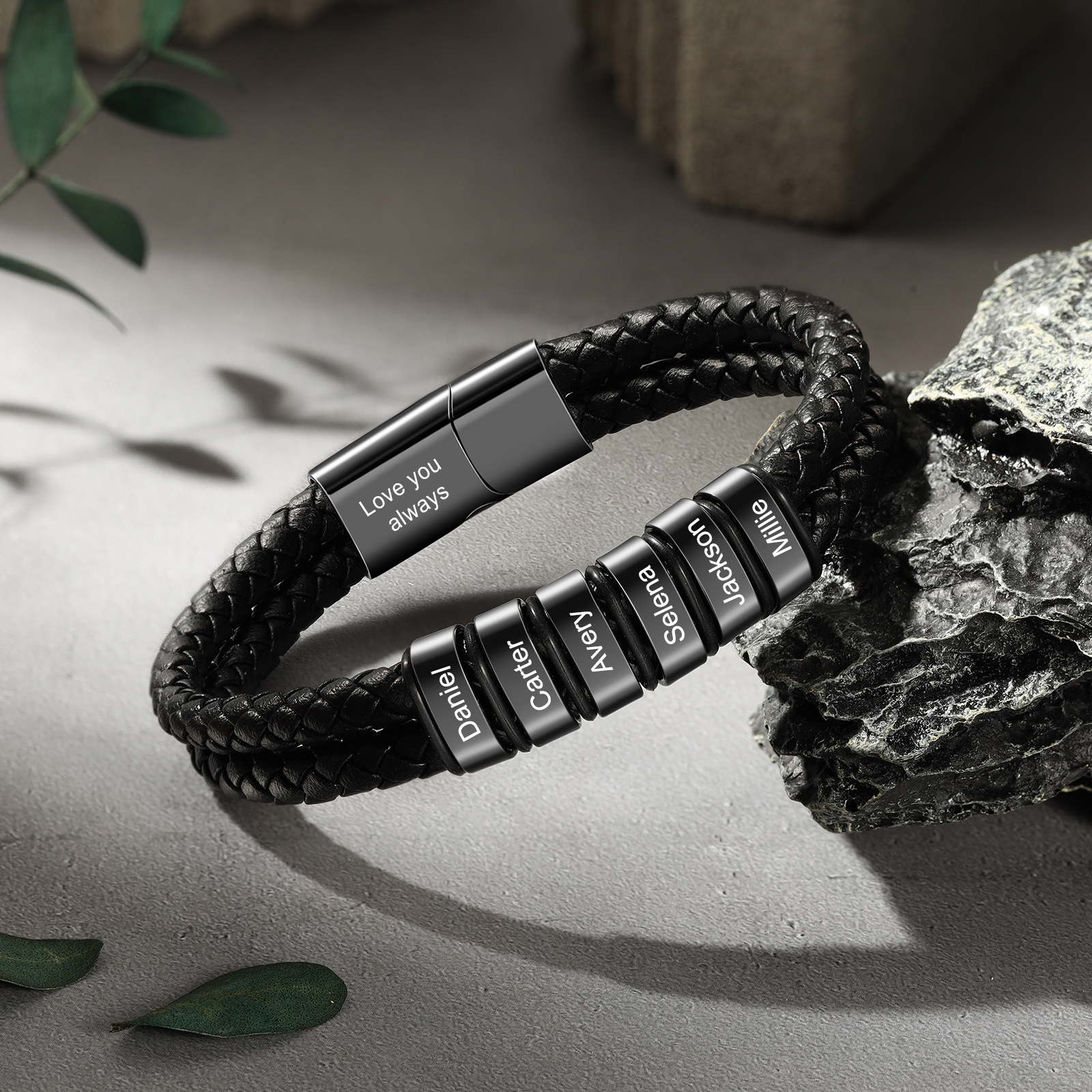 Bracciale da Uomo in Pelle Personalizzato con 6 Nomi – Regalo Speciale per Papà | Jessemade
